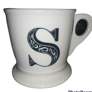 Anthropologie White Coffee Mug Cup Black Letter S Initial Monogram Shaving Mug